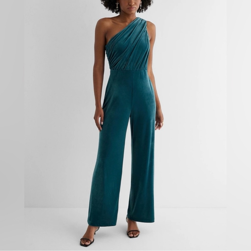 EXPRESS Velvet One Shoulder Ruched Wide Leg Jumpsuit NWT Size Small